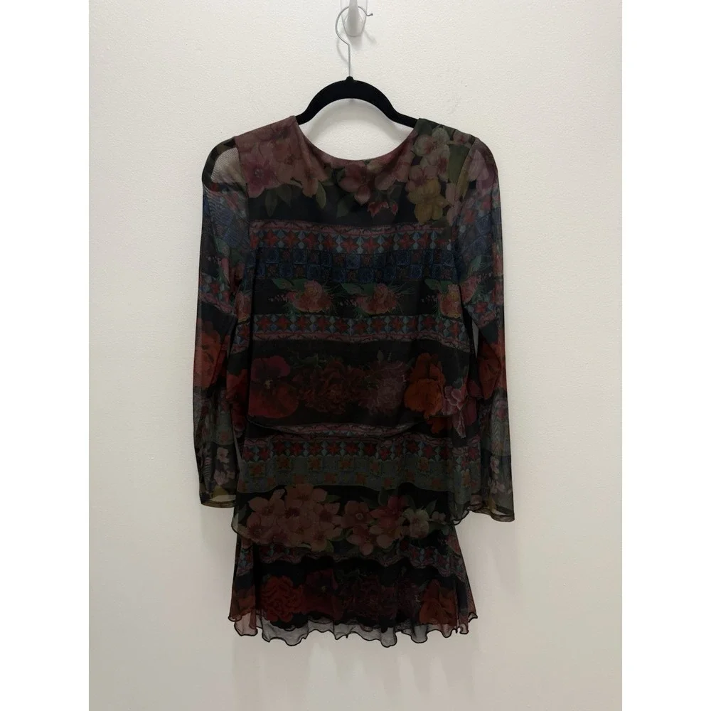 Desigual Logan Floral Mesh Layered Mini Dress Size M Long Sleeve Boho Artsy